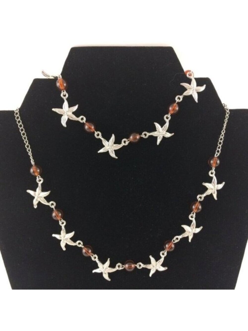 Starfish Necklace & Bracelet Set Silvertone Metal Faux Amber Beads Tarnish